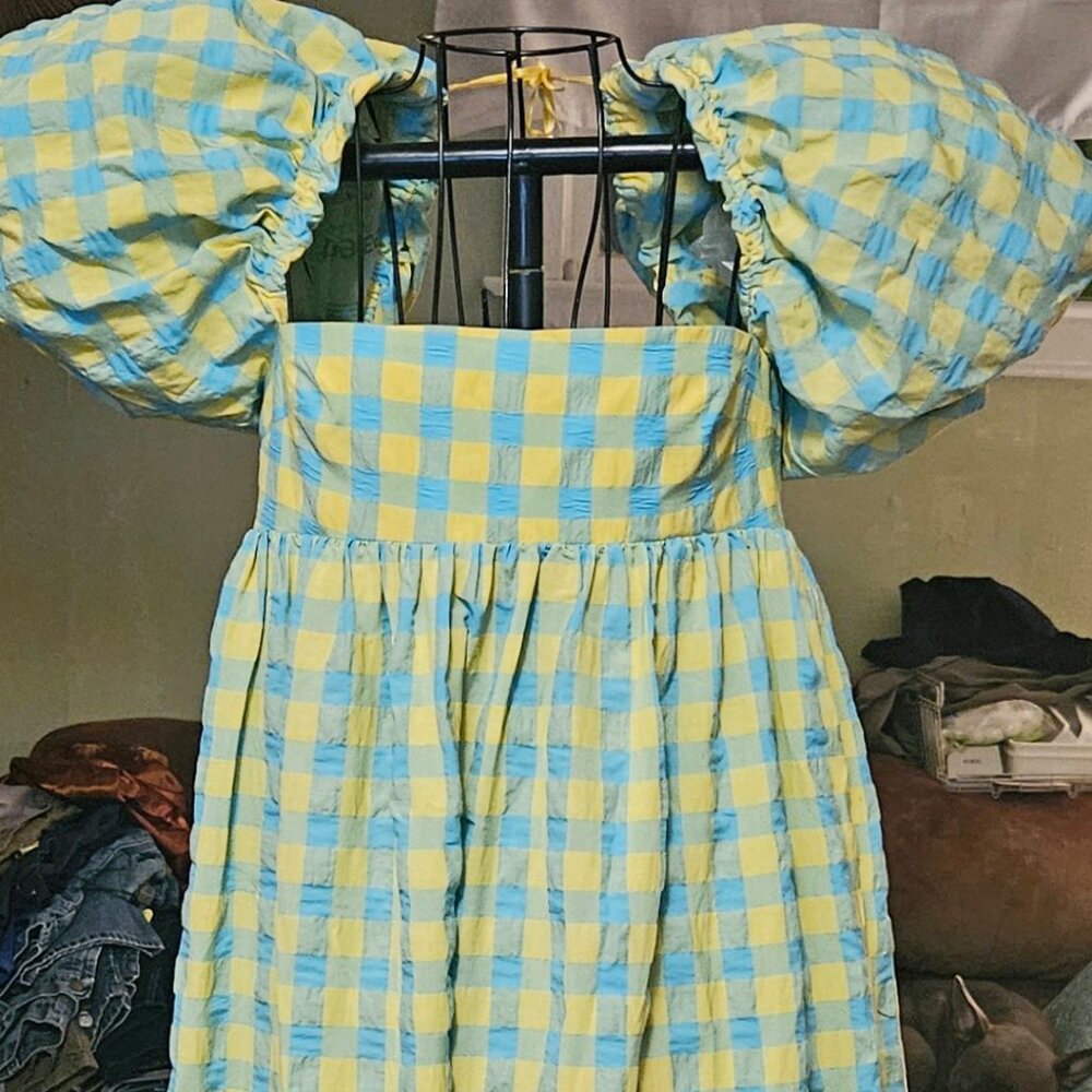 WOMENS SZ XS ZARA FULL LEGNTH PLAID DRESS W/PUFFY SHOULDERS